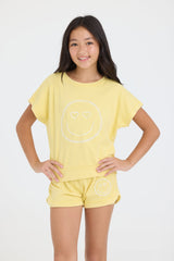 Kids Garment Dye Off Shoulder Top with Smile Embroidery | Vintage Havana Yellow
