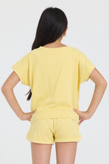 Kids Garment Dye Off Shoulder Top with Smile Embroidery | Vintage Havana Yellow