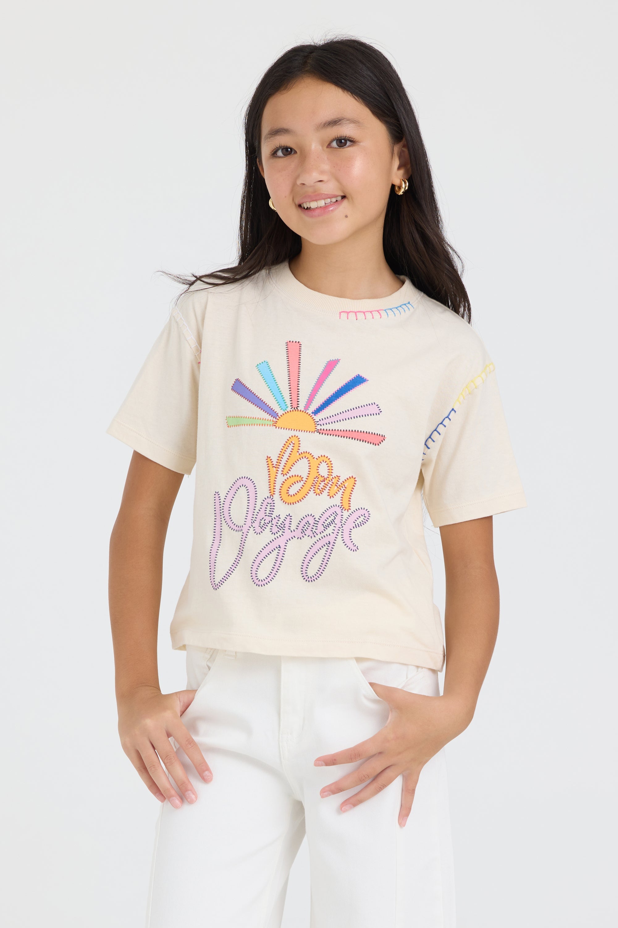 Kids White Bon Voyage Stitch Tee | Vintage Havana