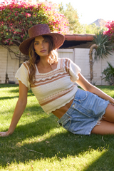 Crochet Short Sleeve Sweater | Vintage Havana Neutral Stripe