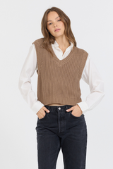 Toffee W/ White Twofer Cropped Sweater Vest | Vintage Havana Toffee