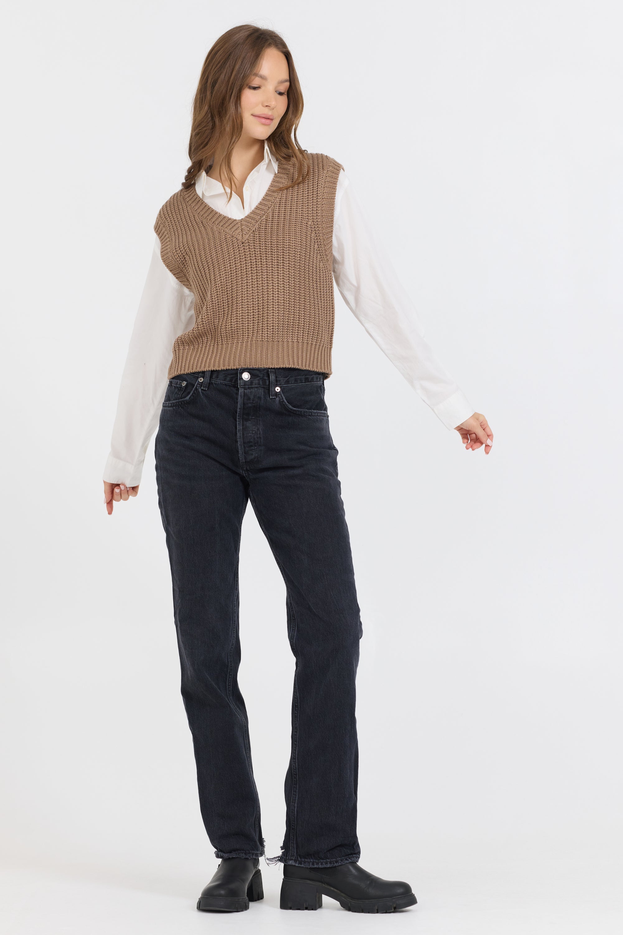 Toffee W/ White Twofer Cropped Sweater Vest | Vintage Havana Toffee