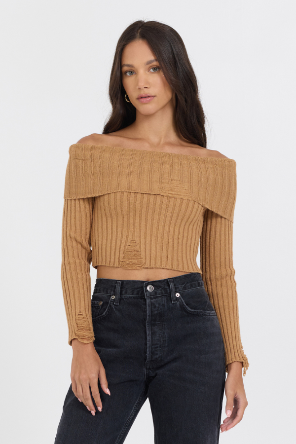 Caramel Distressed Off Shoulder Sweater | Vintage Havana Caramel