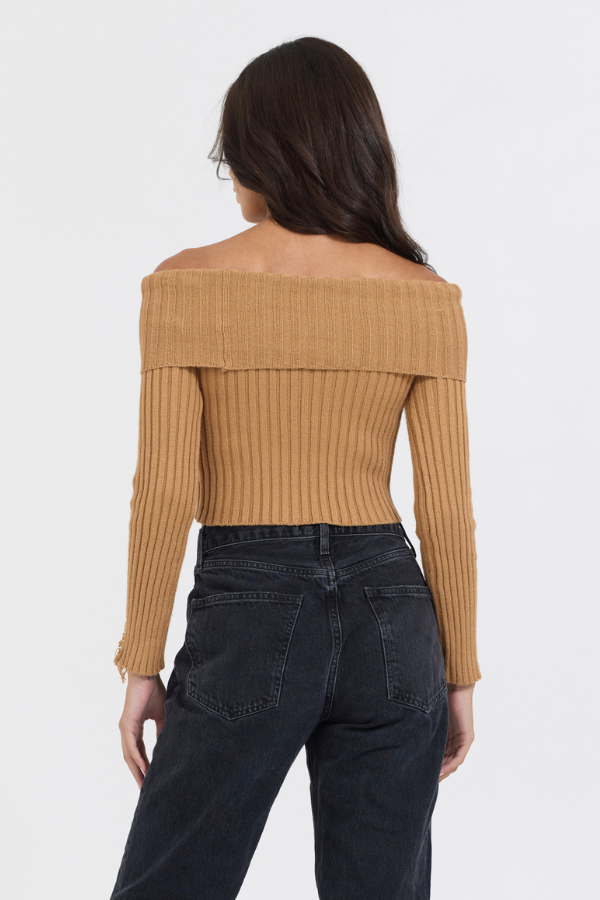 Caramel Distressed Off Shoulder Sweater | Vintage Havana Caramel