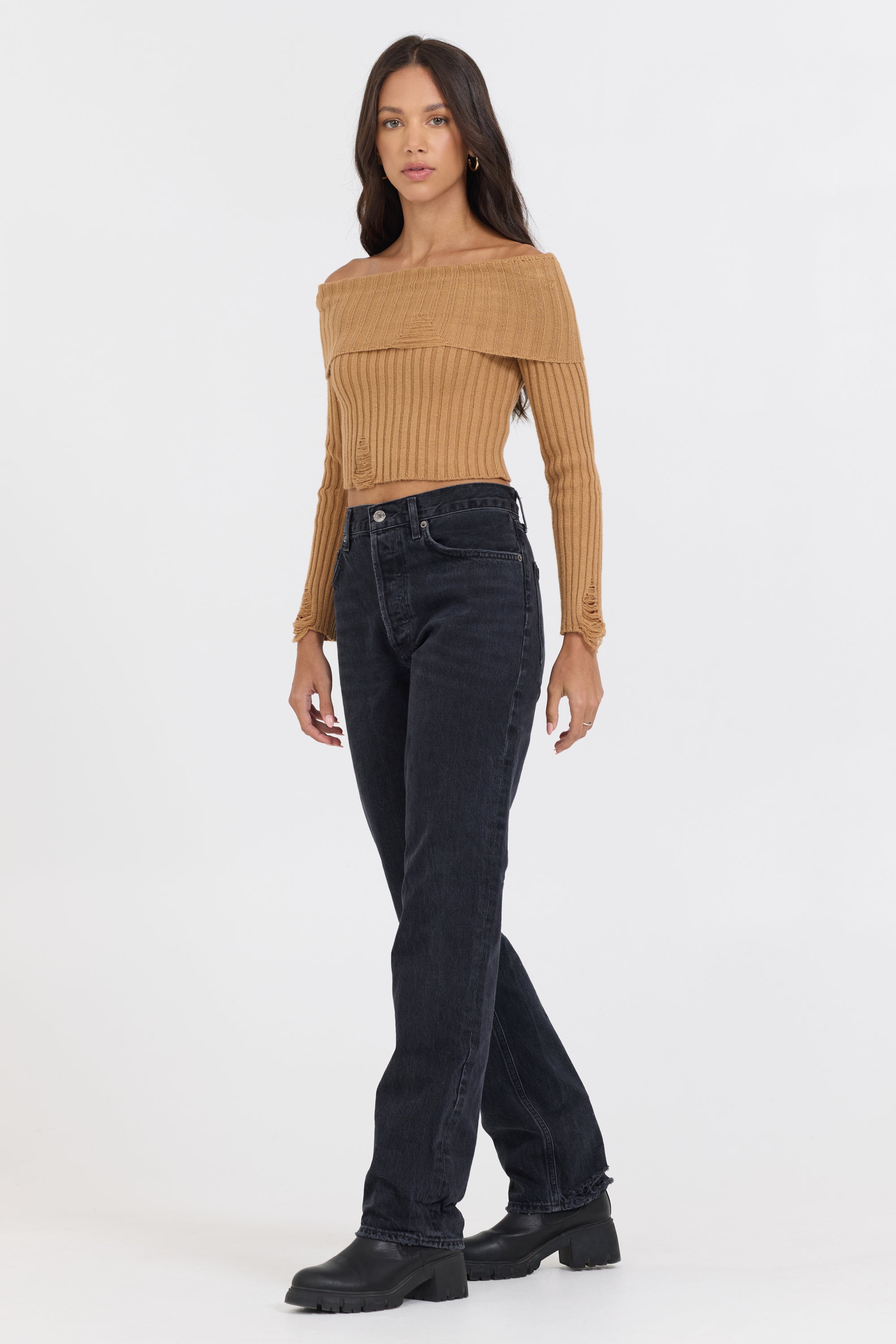 Caramel Distressed Off Shoulder Sweater | Vintage Havana Caramel