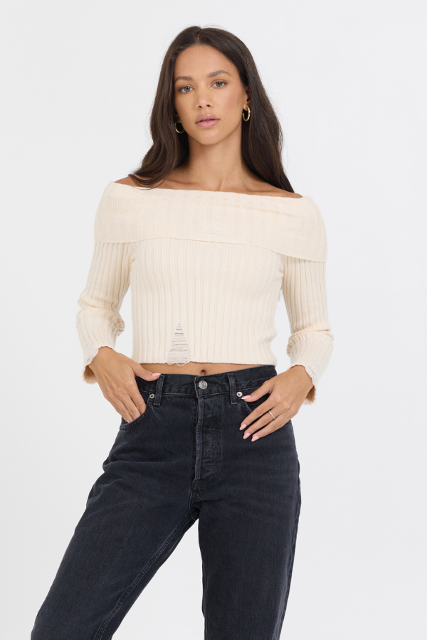 Ivory Distressed Off Shoulder Sweater | Vintage Havana Ivory