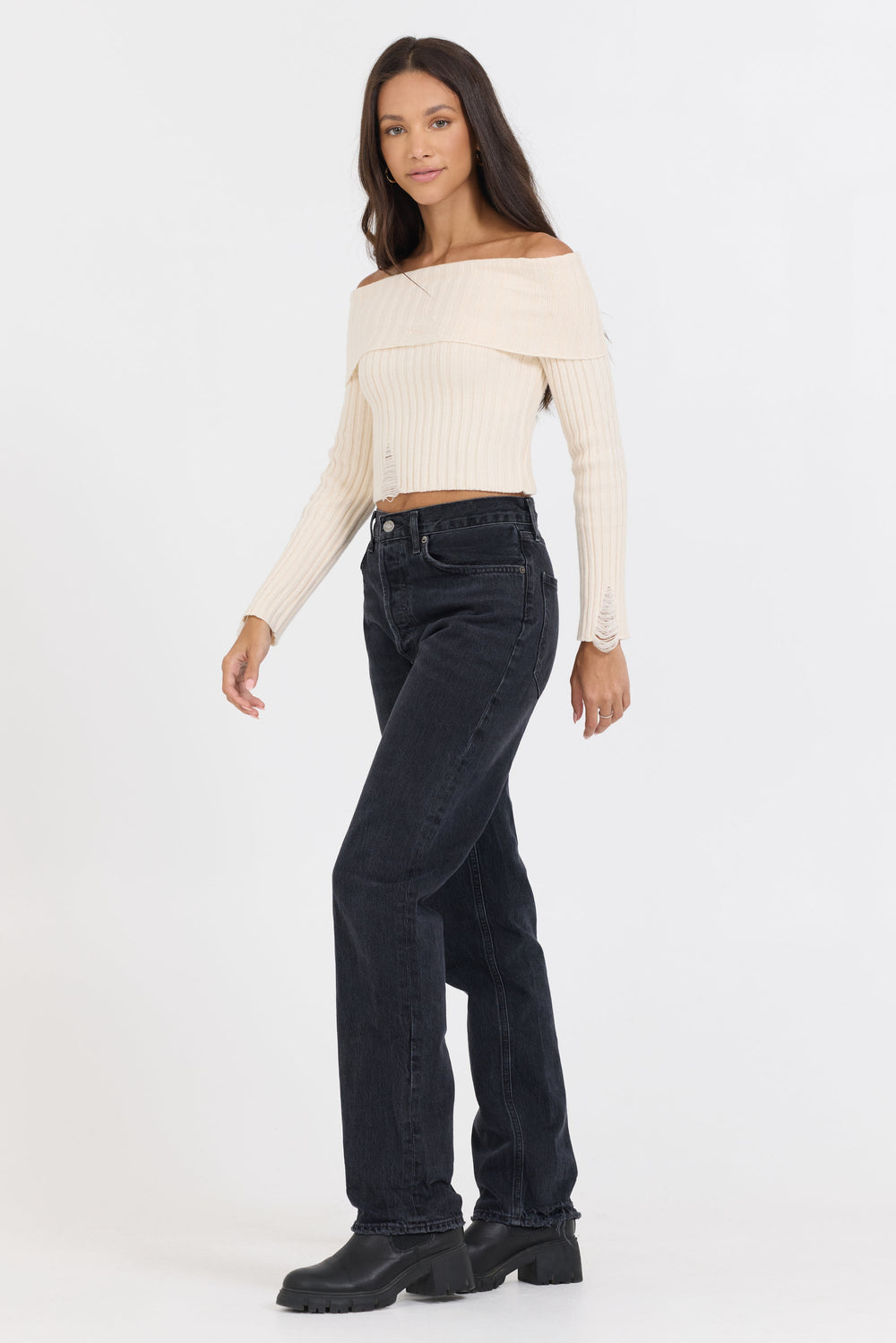 Ivory Distressed Off Shoulder Sweater | Vintage Havana Ivory