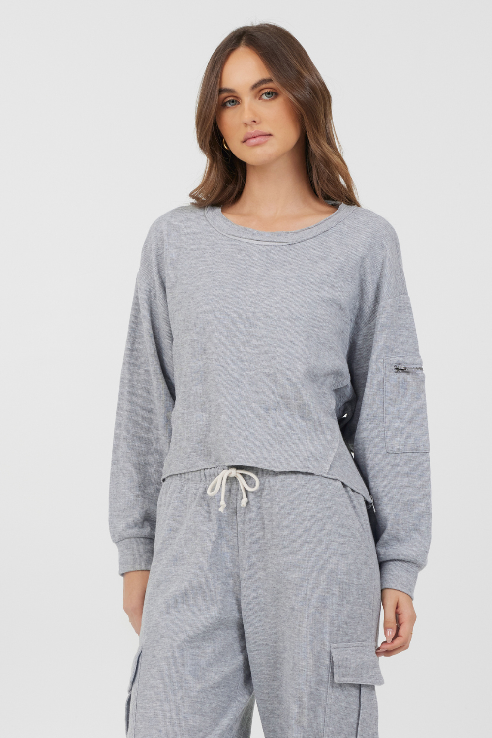 Heather Grey Bounded Textured Jersey Utility Crewneck | Vintage Havana Heather Grey