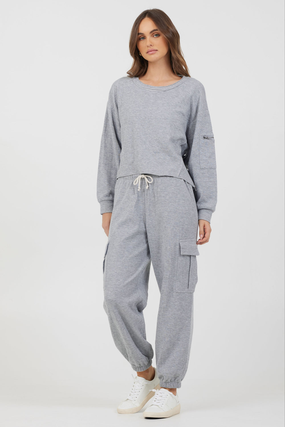 Heather Grey Bounded Textured Jersey Utility Crewneck | Vintage Havana Heather Grey