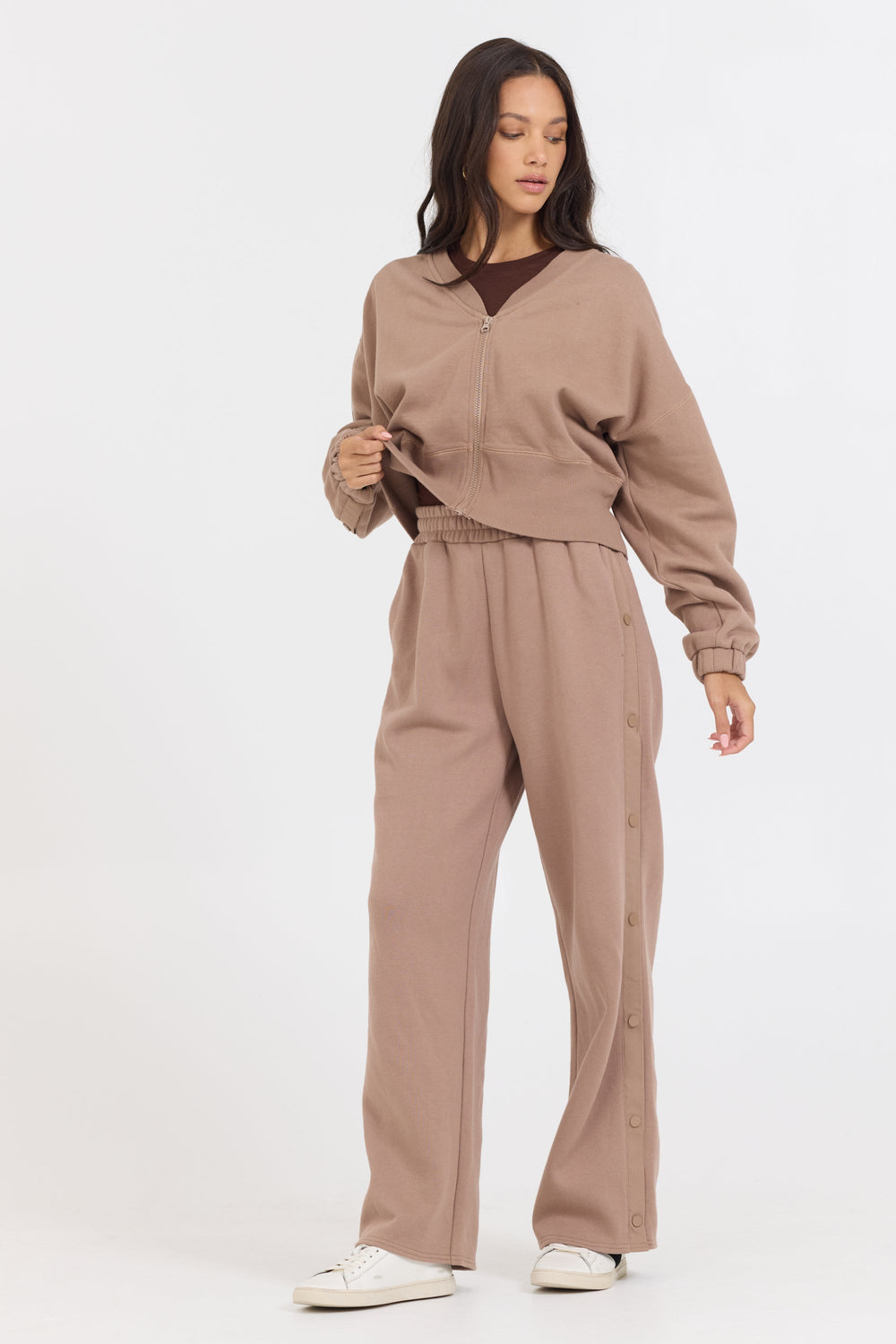 Caramel Latte Brushed Fleece Zip Up W/ Snap Sleeves | Vintage Havana Caramel