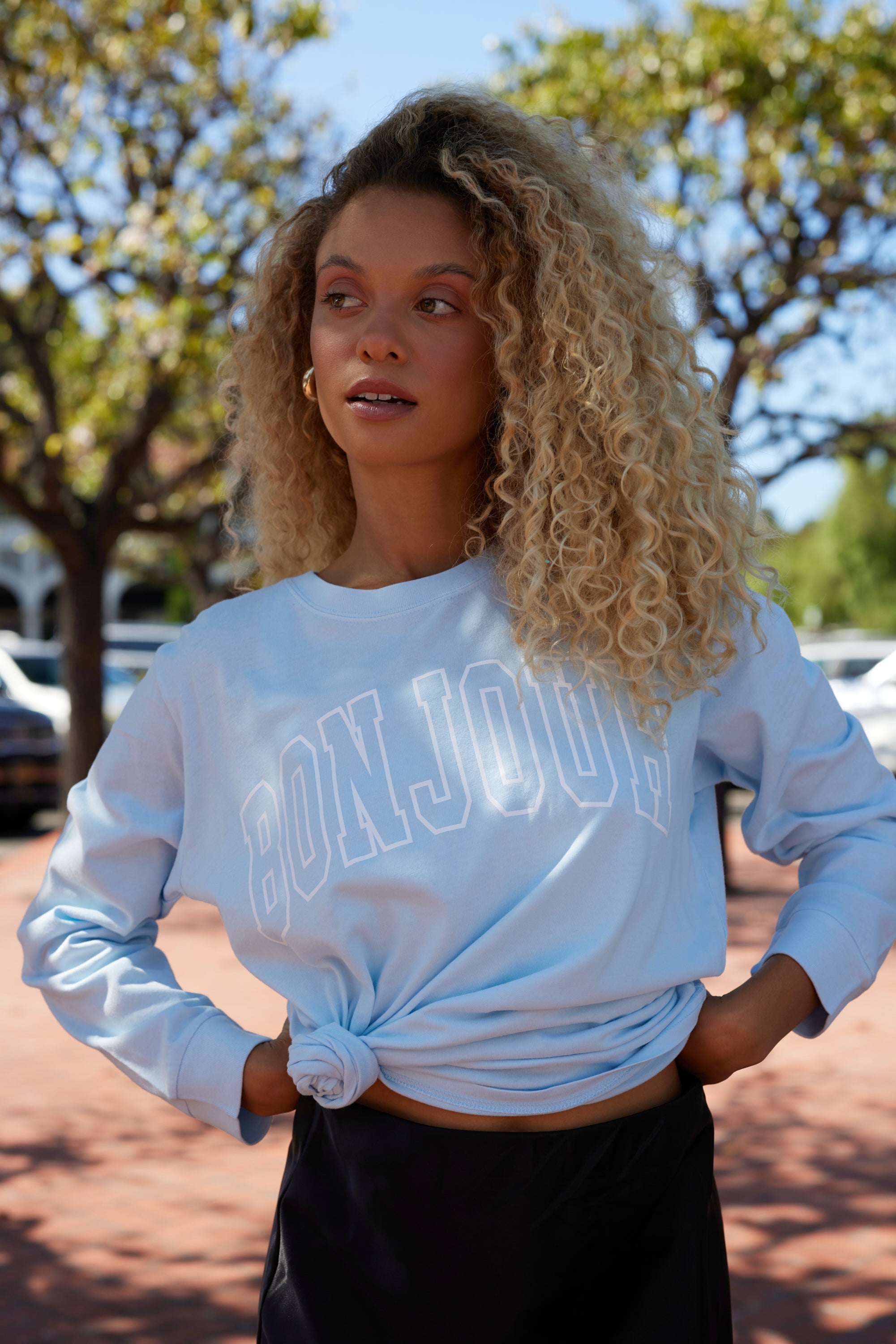 Sky Blue "Bonjour" Pigment Dyed Long Sleeve Tee | Vintage Havana Sky Blue