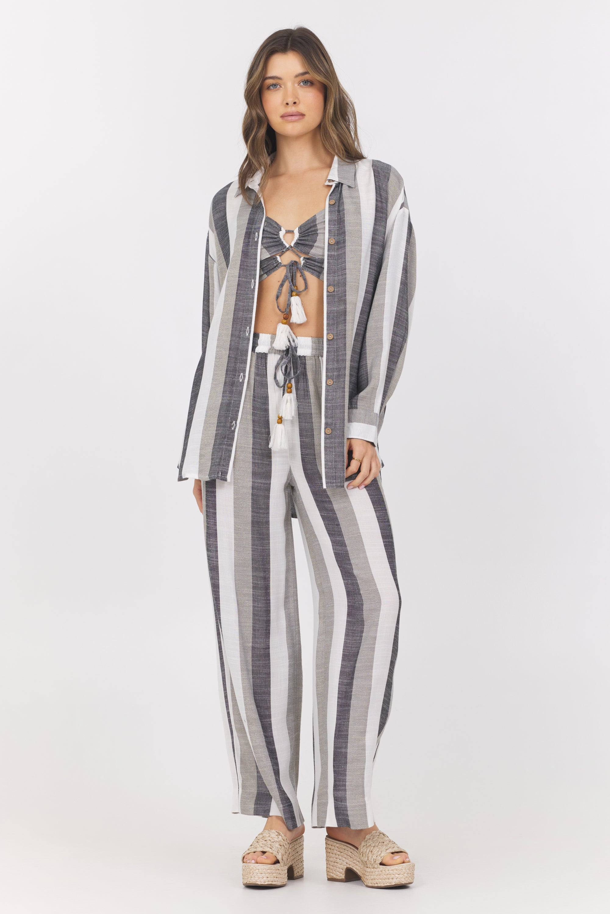 Lightweight Metallic Stripe Button Down | Vintage Havana Black/White/Grey