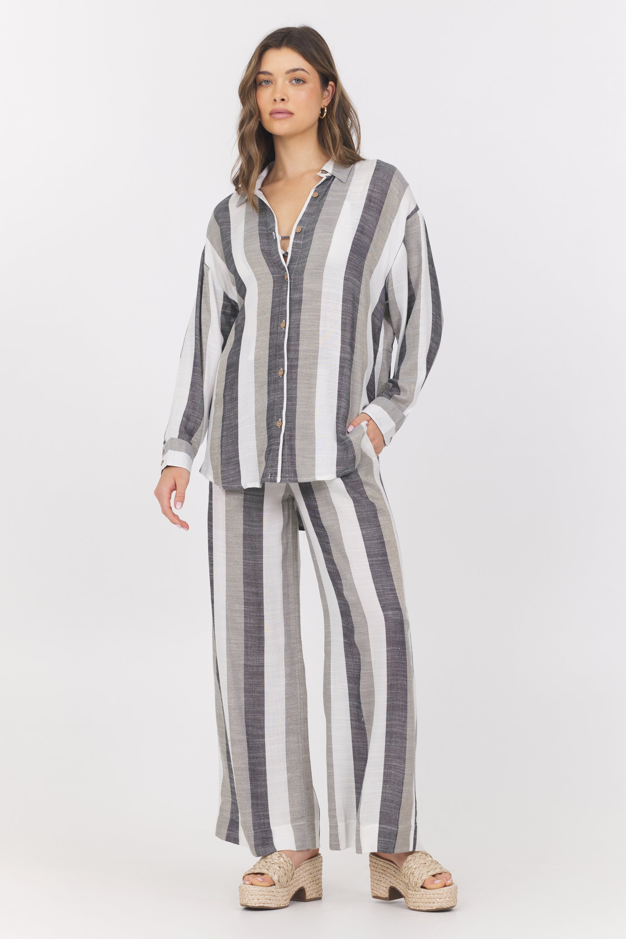 Lightweight Metallic Stripe Button Down | Vintage Havana Black/White/Grey