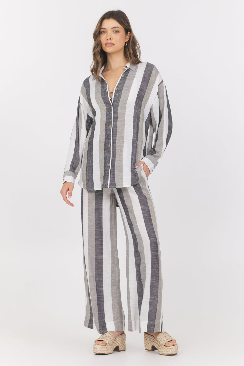 Lightweight Metallic Stripe Button Down | Vintage Havana Black/White/Grey