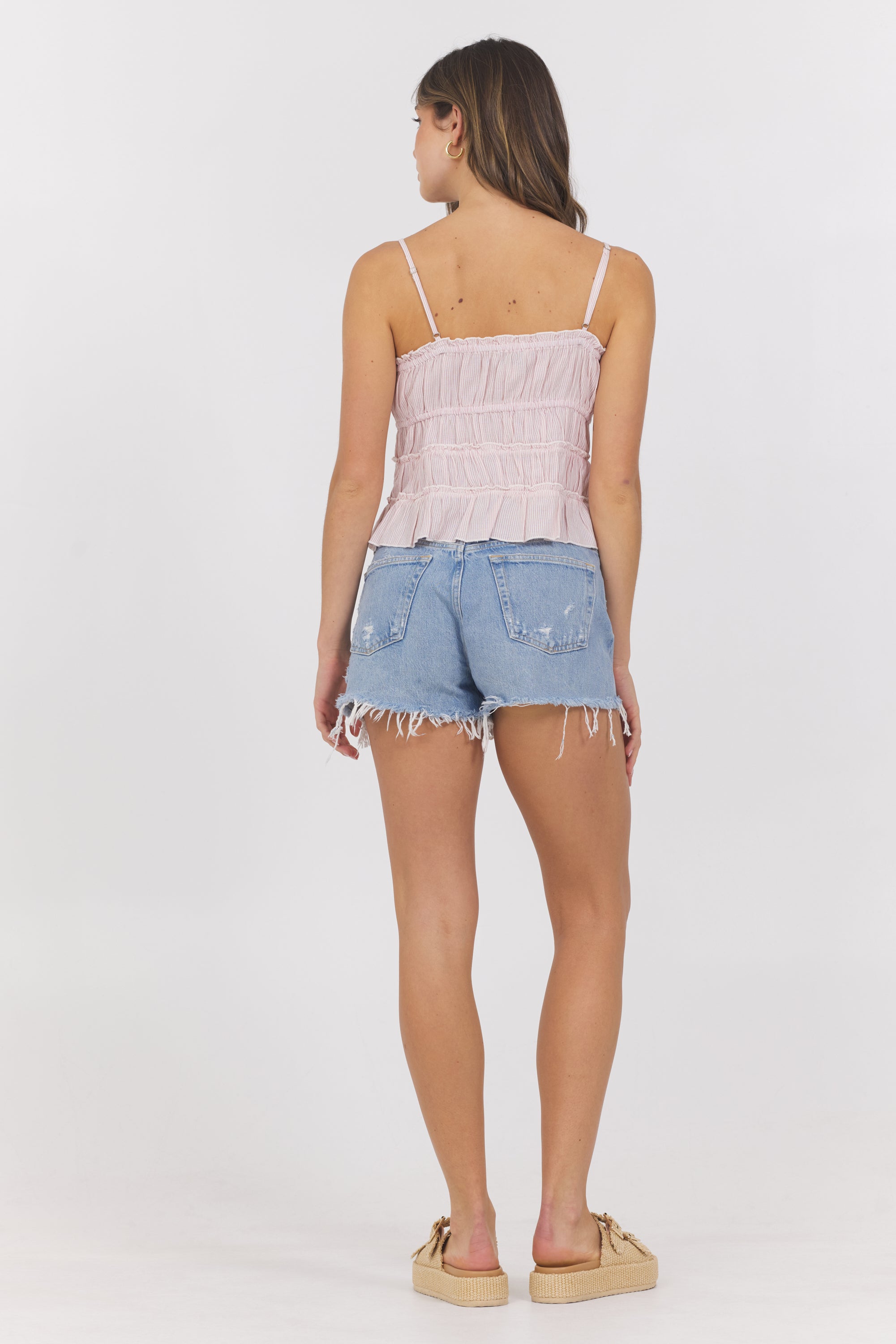Strawberry Pinstripe Woven Ruffle Top | Vintage Havana Strawberry Pinstripe