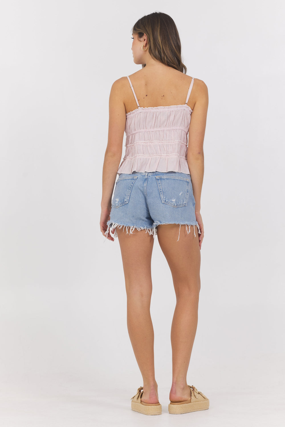 Strawberry Pinstripe Woven Ruffle Top | Vintage Havana Strawberry Pinstripe