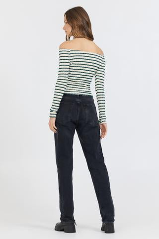 Ivory Green Fitted Off The Shoulder Top | Vintage Havana Ivory/Green