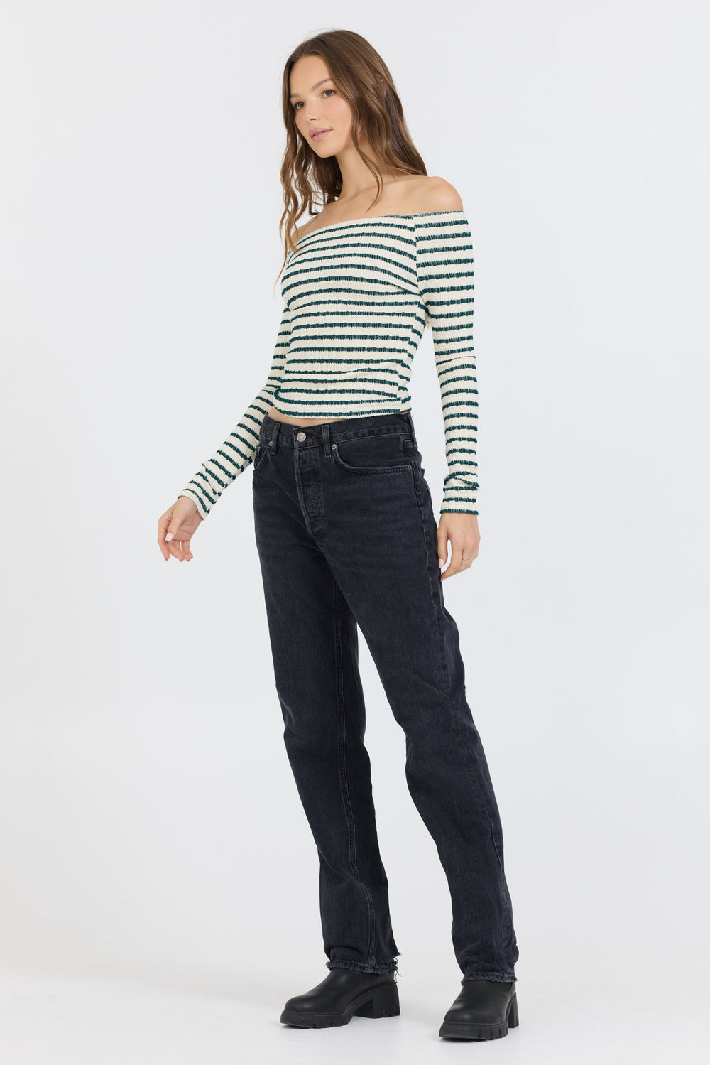 Ivory Green Fitted Off The Shoulder Top | Vintage Havana Ivory/Green