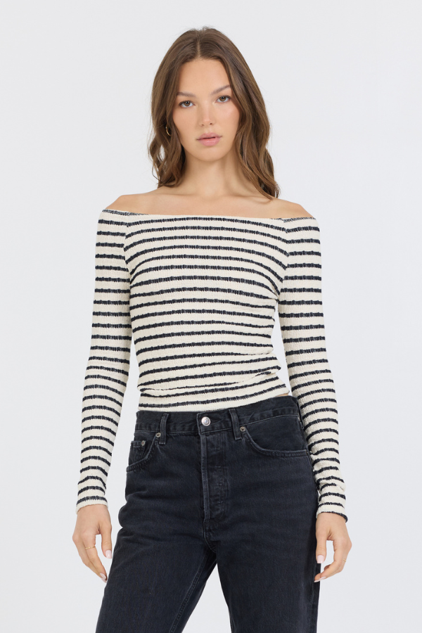 Ivory Black Fitted Off The Shoulder Top | Vintage Havana Ivory