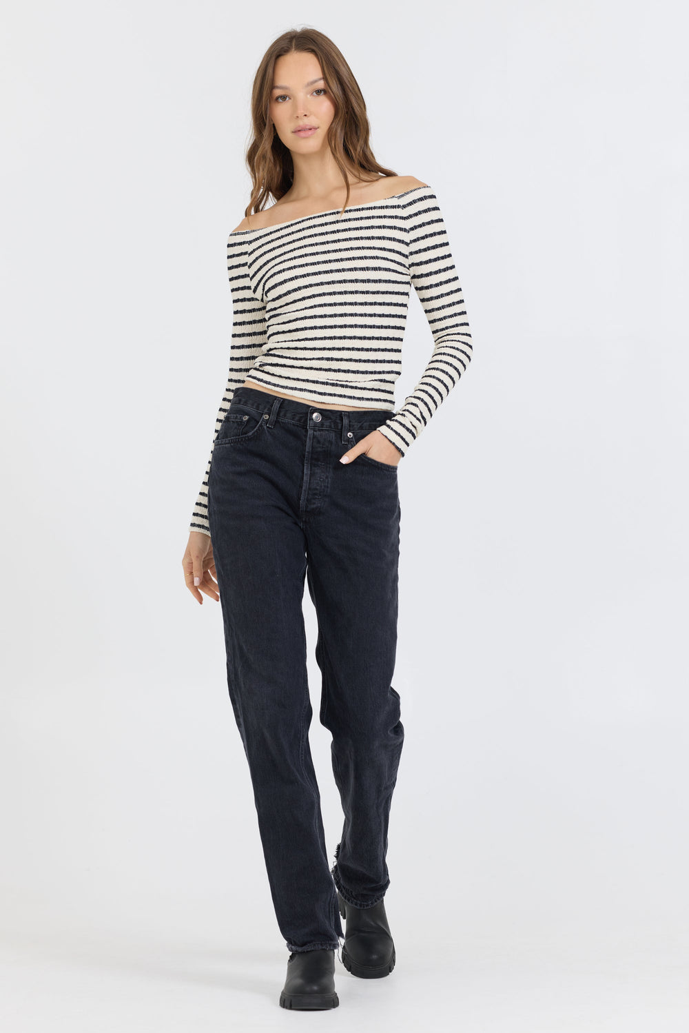 Ivory Black Fitted Off The Shoulder Top | Vintage Havana Ivory