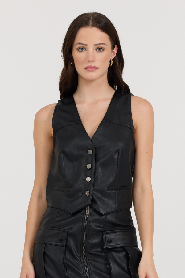 Black Leather Button Front Vest | Vintage Havana Black