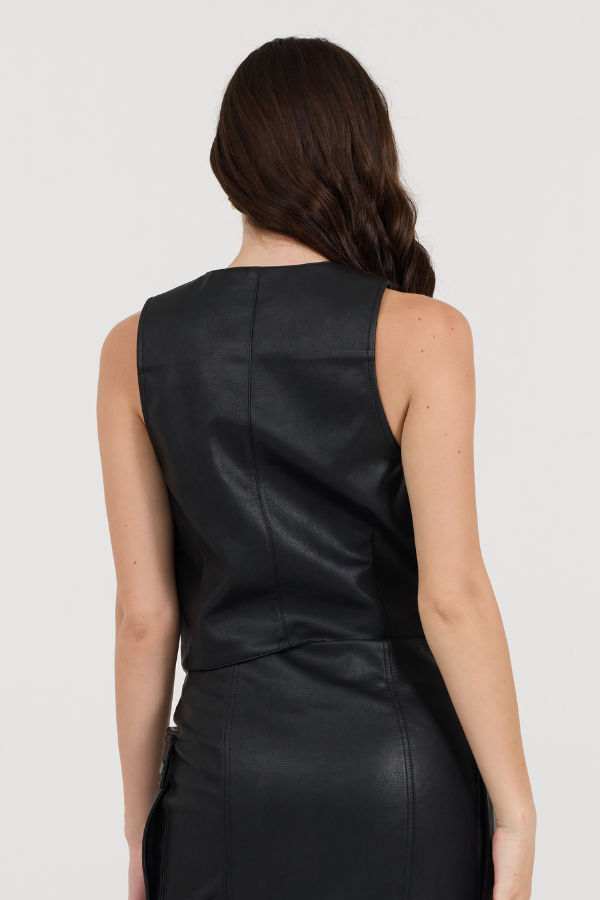 Black Leather Button Front Vest | Vintage Havana Black