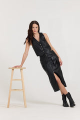 Black Leather Button Front Vest | Vintage Havana Black