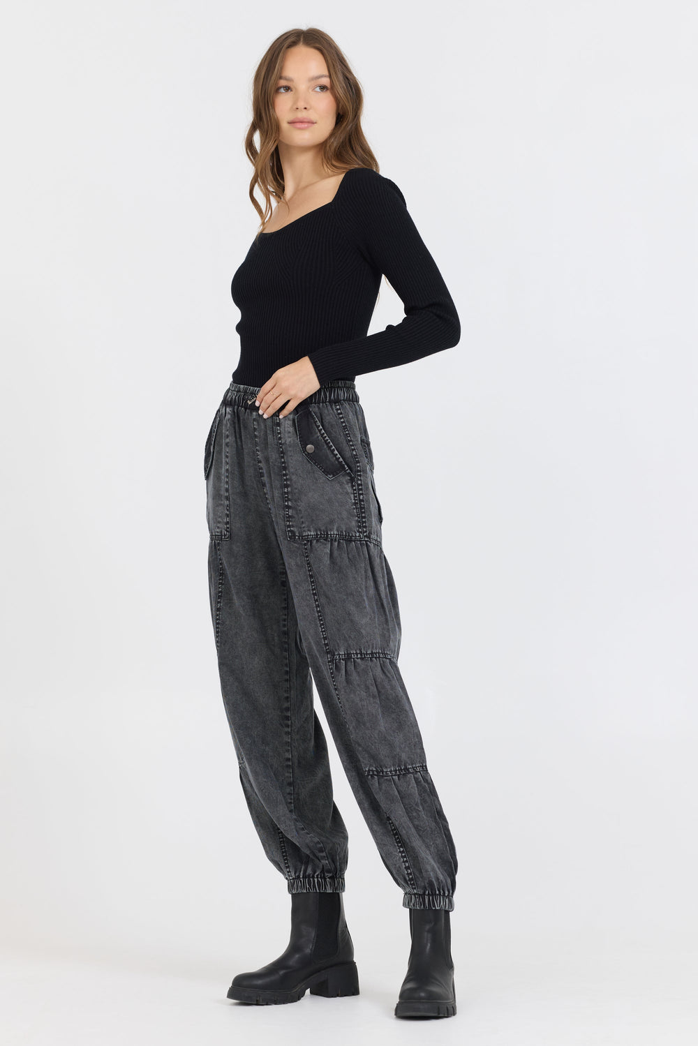 Black Rib Knit Long Sleeve Top | Vintage Havana Black