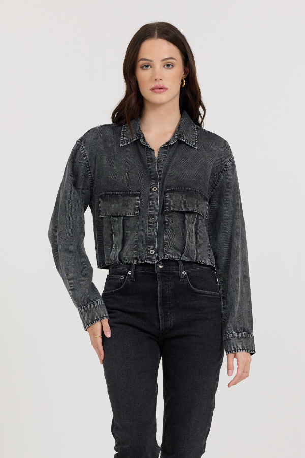 Washed Black Cropped Pocket Detail Shirt | Vintage Havana Washed Black