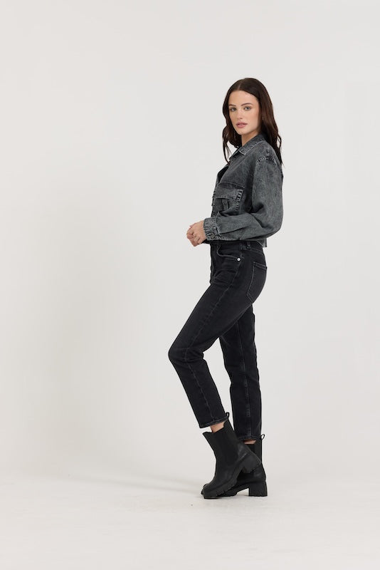 Washed Black Cropped Pocket Detail Shirt | Vintage Havana Washed Black