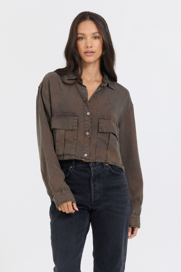 Brown Cropped Pocket Detail Shirt | Vintage Havana Brown