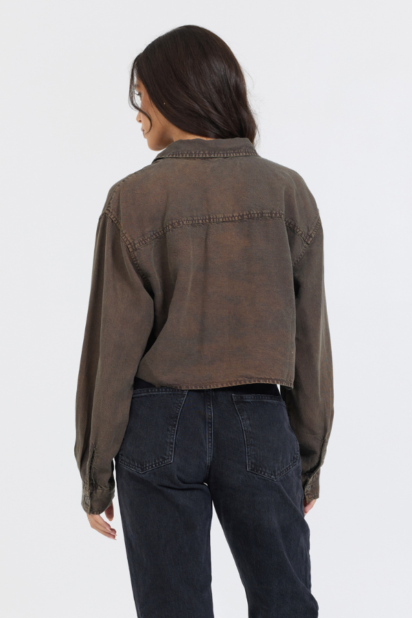 Brown Cropped Pocket Detail Shirt | Vintage Havana Brown