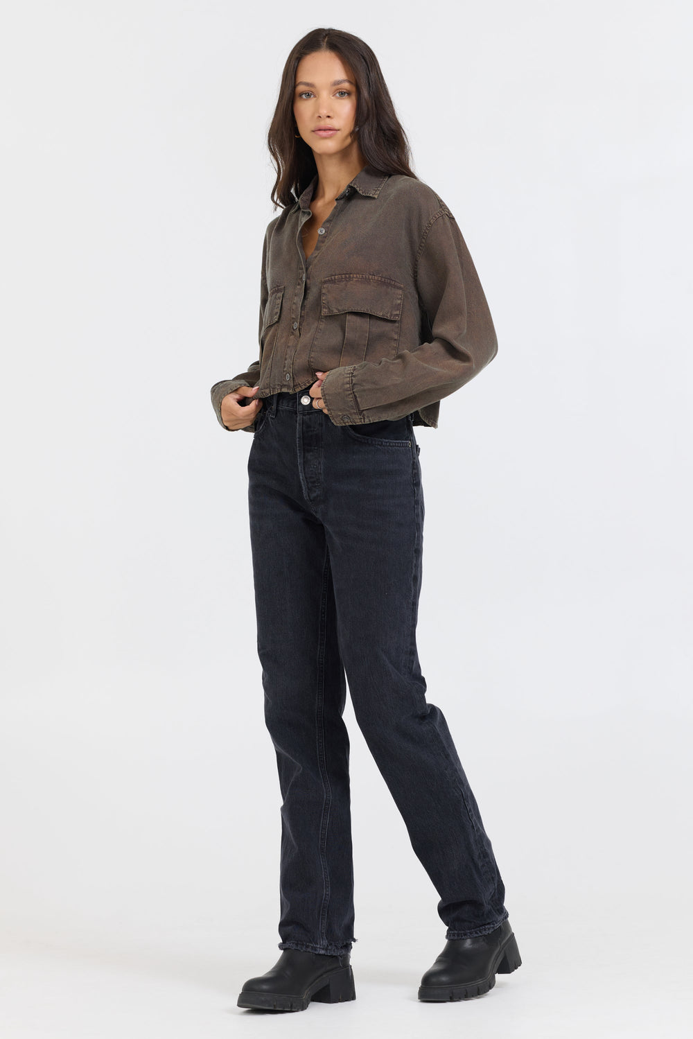 Brown Cropped Pocket Detail Shirt | Vintage Havana Brown