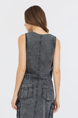 Washed Black Twill Button Front Vest Top | Vintage Havana Washed Black