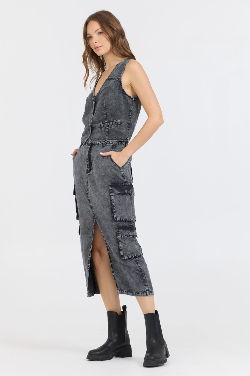 Washed Black Twill Button Front Vest Top | Vintage Havana Washed Black