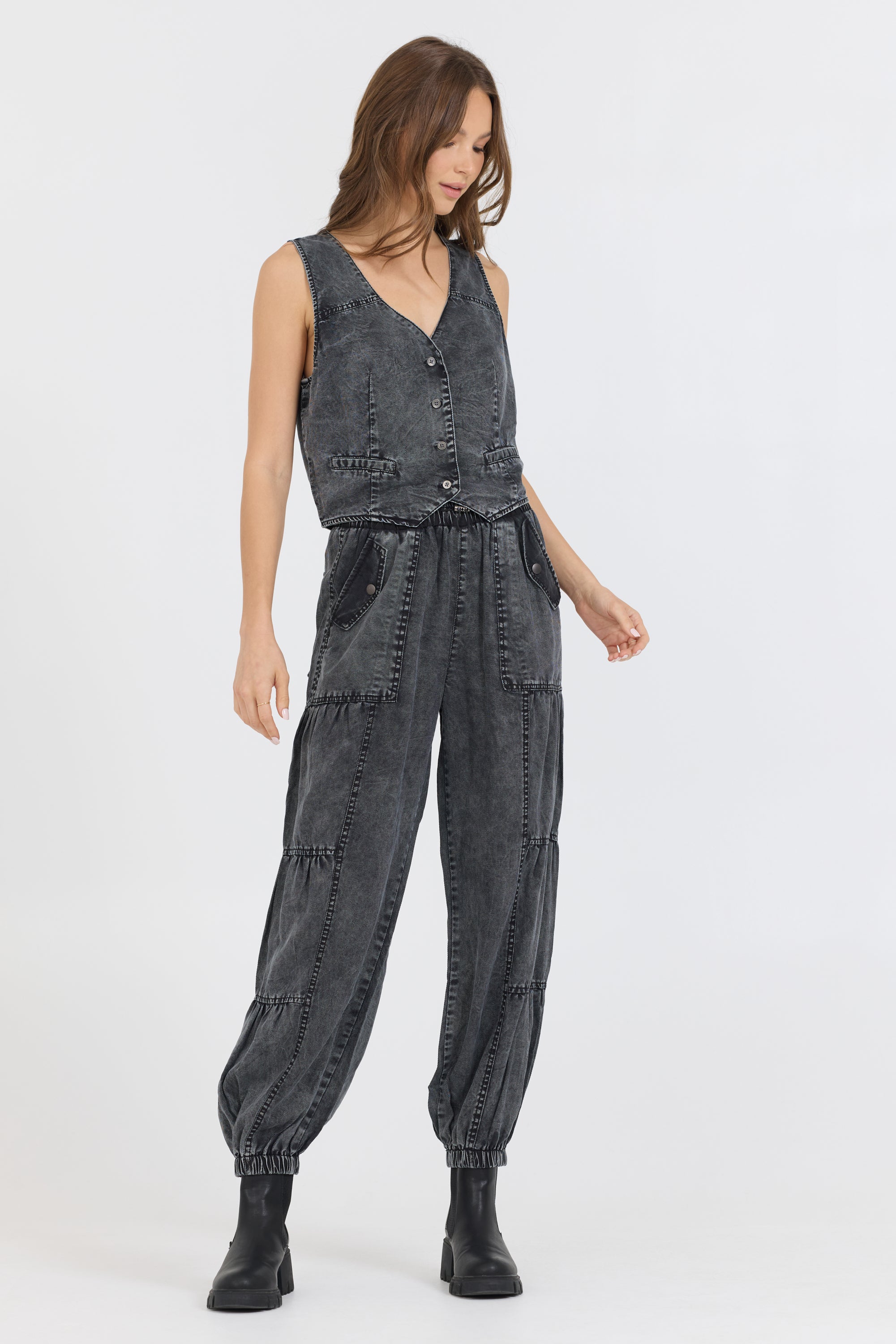 Washed Black Twill Button Front Vest Top | Vintage Havana Washed Black